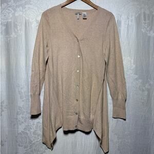 LOGO Lori Goldstein Cardigan Sweater Small Tan Asymmetric Hem Cotton Cashmere